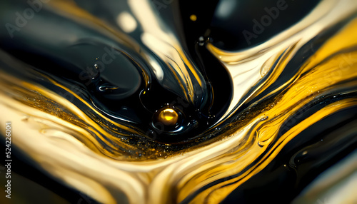 Liquid black and golden paints, Abstract fluid smooth background with waves luxury.3d render. © Phanida