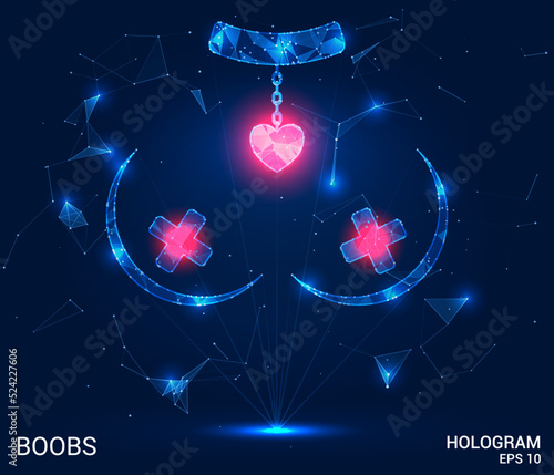 A hologram boobs. The nipples are sealed with crosses and a heart-shaped pendant made of polygons, triangles of dots and lines. Boobs icon is a low-poly compound structure. Technology concept vector.