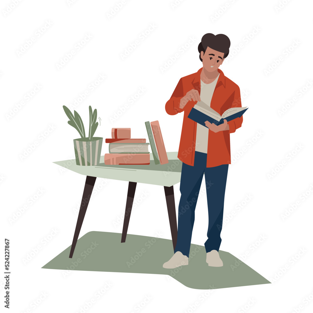 The guy is holding a book in his hands. Table with books. Book theme. Love for reading. Vector image. The guy is holding a book in his hands. Table with books. Book theme. Love for reading. Vector image.