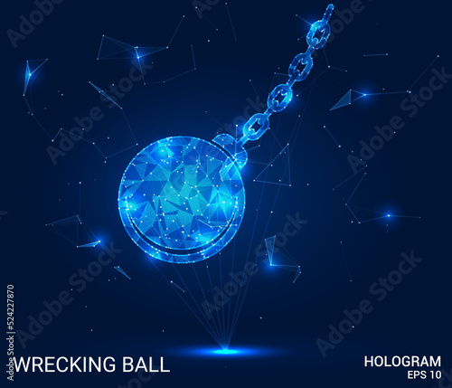 A hologram wrecking ball. Wrecking ball of polygons, triangles of points and lines. Wrecking ball icon is a low-poly compound structure. Technology concept vector.