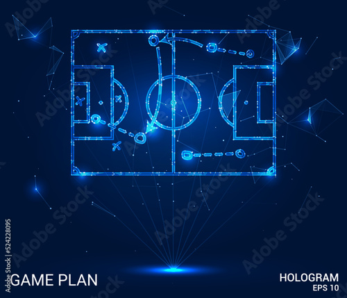 Hologram game plan. The game plan consists of polygons, triangles of points and lines. The diagram drawn on the football field is a low-poly compound structure. Technology concept vector.