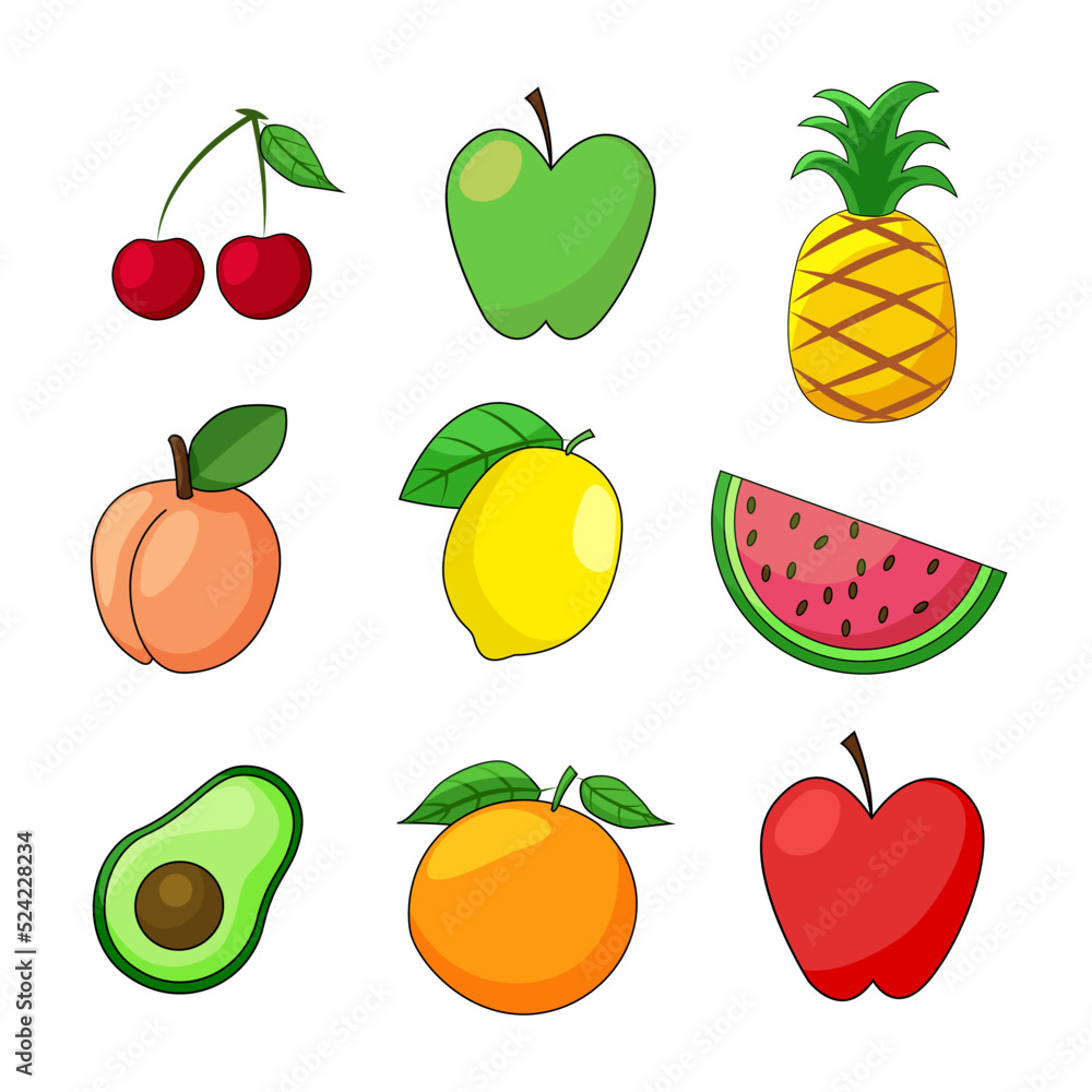 Fruit collection set vector illustration cartoon avacado, orange, apple, watermelon, cherry, lemon, pineapple, peach. Fruit collection set vector illustration cartoon avacado, orange, apple, watermelon, cherry, lemon, pineapple, peach.