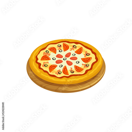 Sicily pizza isolated Italy cuisine food. Vector Sicilian pizza, sfincione or focaccia with toppings ketchup, tomato slices and black olives. Italian baked food with cheese and vegetables on board