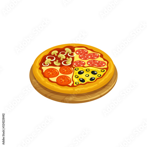 Quattro Stagioni isolated round Italian pizza on wooden board. Vector four seasons pizza, prepared in four sections, represents one season of year. Italy cuisine food with diverse ingredients