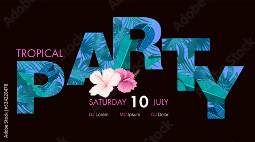 Tropical party desigт template. Dark theme with vivid neon color leaves and hibiscus flowers. Vector illustration.