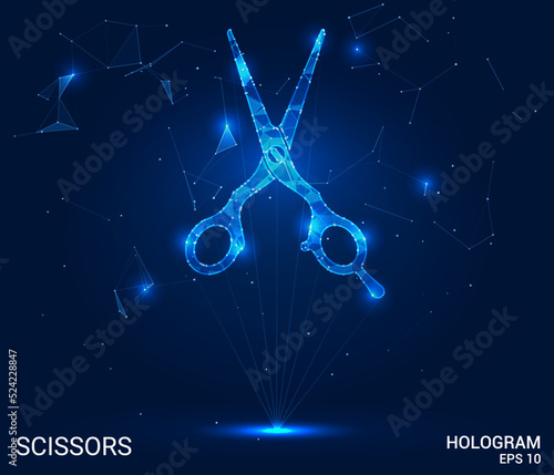 Hologram scissors. Scissors made of polygons, triangles of points and lines. Scissors icon is a low-poly compound structure. Technology concept vector.
