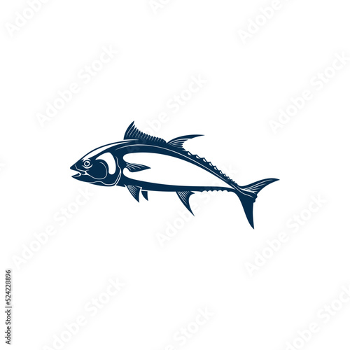 Scombridae saltwater fish isolated bluefin tuna. Vector aquatic animal, atlantic tuna blue hand drawn icon. Vector Pacific tunny with flounders, mackerel fishing sport emblem, bluefish mascot