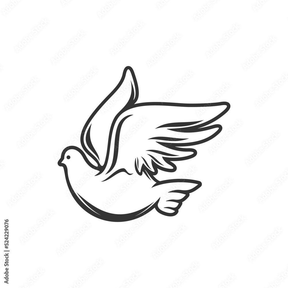 Flying dove isolated symbol of love and peace. Vector monochrome holy bird, pigeon feathered animal Flying dove isolated symbol of love and peace. Vector monochrome holy bird, pigeon feathered animal