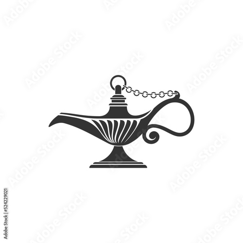 Aladdin or genie oil lamp isolated icon. Vector retro monochrome magic arabic lantern mesh