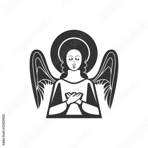Woman with wings isolated holy angel. Vector praying religious female with halo aureole over head