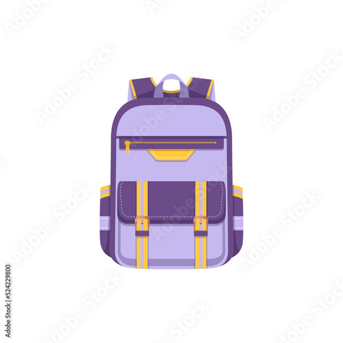 Backpack bag or back pack, school rucksack or schoolbag, vector flat icon. Isolated luggage bag or student boy or girl backpack, lilac camping and trekking sport backpack or knapsack with pockets