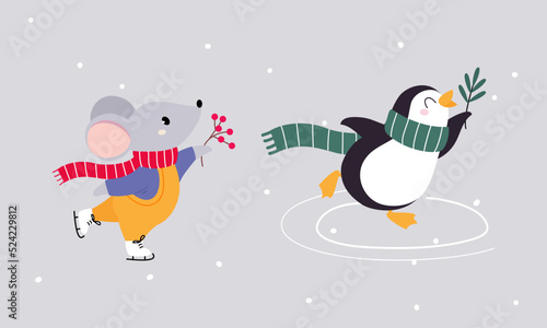 Set of cute winter forest animals. Penguin and mouse Christmas characters skating on rink vector illustration