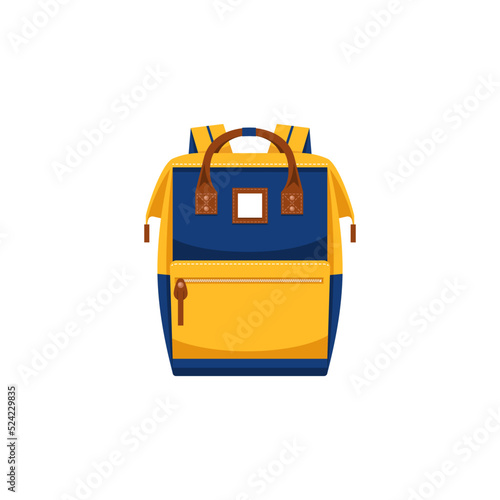 Backpack bag or back pack with handles, handbag or school rucksack, vector flat icon. Yellow schoolbag with blue pockets, modern travel luggage bag or carry on backpack of leather and textile
