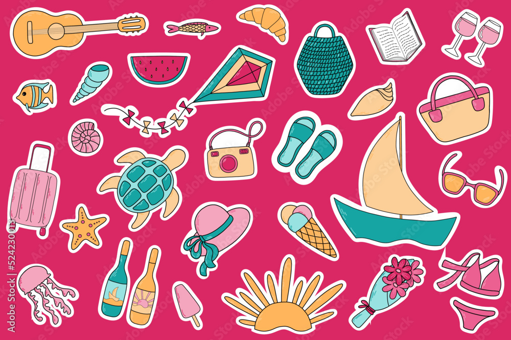 Vector summer vacation set. Bright beach stickers Vector summer vacation set. Bright beach stickers