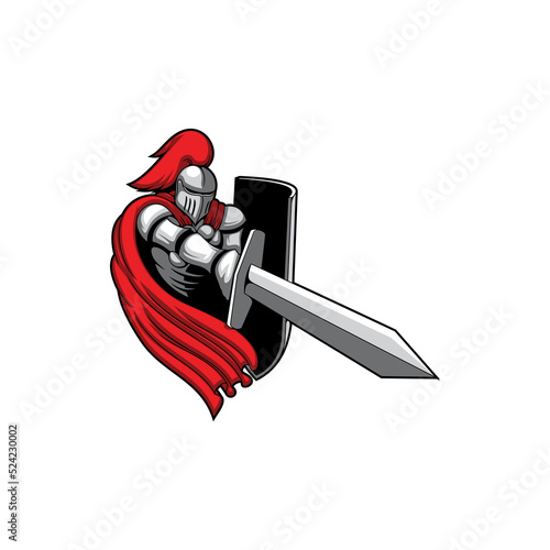 Armored medieval knight with shield and sword ready to attack, waving cloak and feathers in helmet isolated. Vector Italian soldier in mask, templar hero mascot, man in protective suit costume