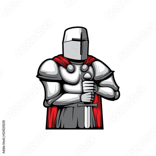 Templar knight in metal helmet and breastplate, sword in hands isolated icon. Vector retro fighting soldier, templar in fight battle, armored hero. Warrior medieval knight in armour metal protection