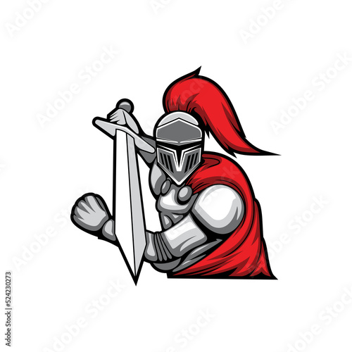 Templar in fight battle isolated emblem of retro hero. Vector medieval knight with sword, antique soldier in red cloak and feathers in helmet. Costume of italian armor, fighting sport club mascot