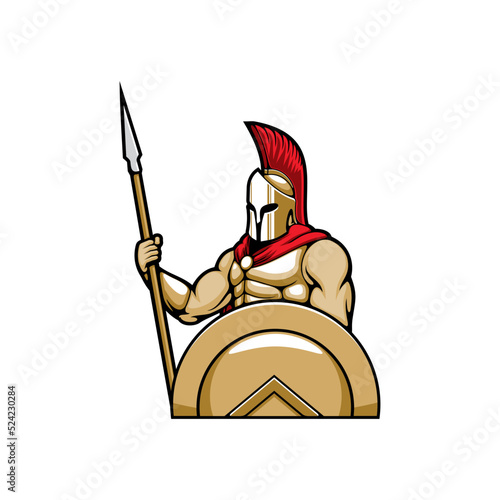 Roman soldier in gladiators helmet with scarlet plume isolated Spartan or Trojan ancient greek warrior with spear. Vector Sparta centurion soldier, roman legionnaire, war and military hero with shield