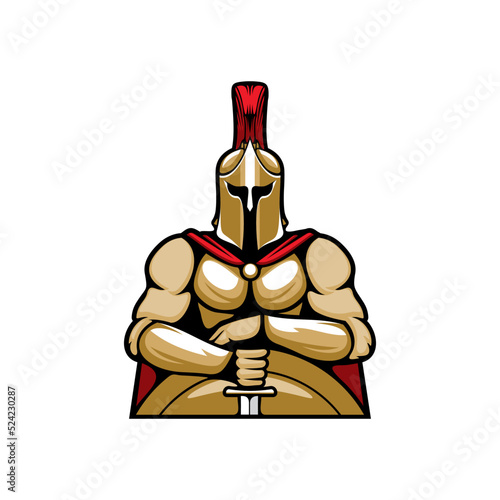 Spartan, Roman or Trojan soldier in armour helmet, hands crossed on sword over shield isolated ancient greek warrior emblem. Vector gladiator in helmet with scarlet plume, Sparta centurion legionnaire
