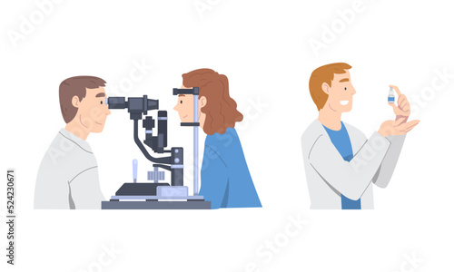 Eyesight diagnostics. Patient visiting ophthalmologist. Optometrist checking up eyesight cartoon vector illustration