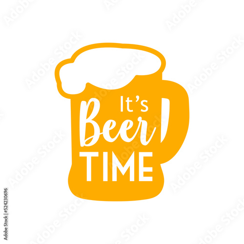 Hora feliz. Logotipo con texto manuscrito It's Beer Time en silueta de jarra de cerveza con espuma en color anaranjado