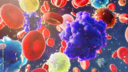 Blood cells with circulating tumor cells, illustration photo