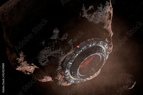 Artwork of an asteroid being mined. photo