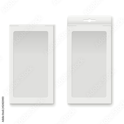 Mock up packaging boxes with hang tab and transparent window.