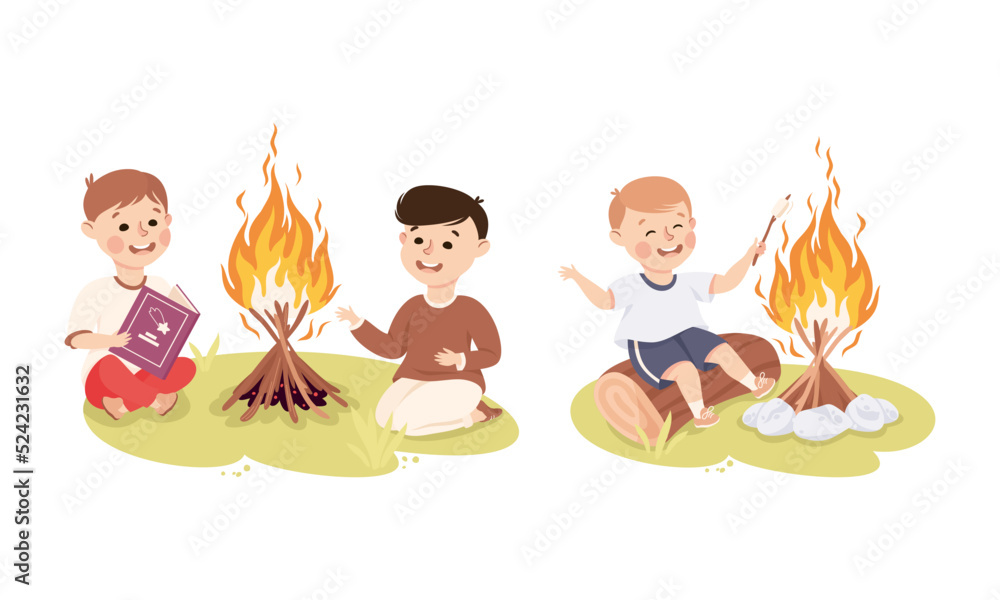 Little children camping around bonfire. Cute kids reading book and