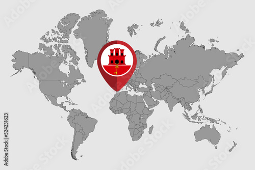 Pin map with Gibraltar flag on world map. Vector illustration.
