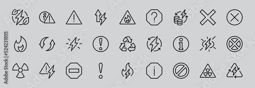 WARNINGS simple set of thin line vector icons. Contains icons such as warning, exclamation mark, reuse, warning sign and more. Editable stroke. Vector illustration