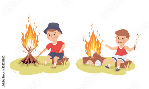 Little children sitting at bonfire set. Cute boy roasting marshmallows cartoon vector illustration