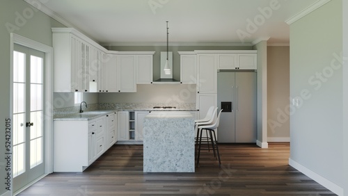 3d rendering of an interior with a white kitchen. 