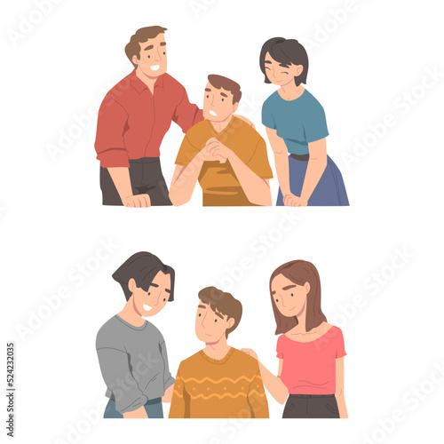 Friends trying to comfort and encourage their sad friend set. Empathy and compassion cartoon vector illustration