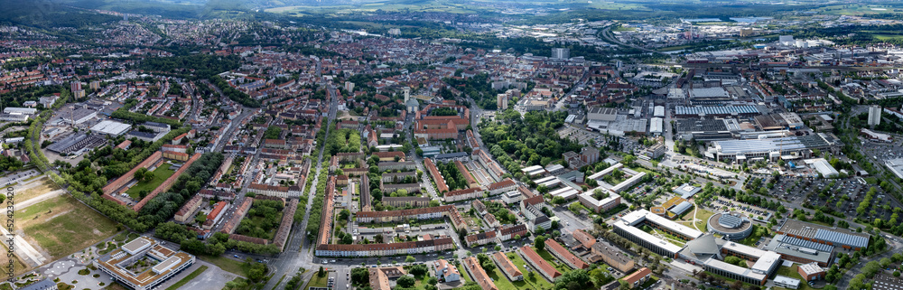 Aerial view of the city Schweinfurt in Germany, Bavaria on a overcast day in summer.