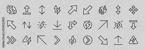 Set of line arrows, directions, arrows, contains icons such as pause, continuation, directly, to the right, Editable stroke. 480x480, On a white background, Vector illustration