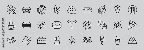 A simple set of fast food icons related to the vector line. Contains icons such as pizza, burger, sushi, bike, scrambled eggs and more. EDITABLE stroke. EPS 10