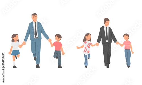Dad holding hands his daughter and son set. Father taking his children to school cartoon vector illustration