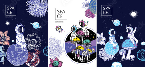 Set of space banners. Space background. Astronaut, flower and planet. Pixie in space.
