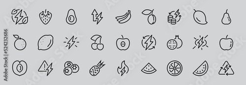 Fruit Icon Set, Vector lines, Contains icons such as apple, banana, cherry, lemon, watermelon, Avocado Editable stroke, 48x48 pixels, White background, eps 10
