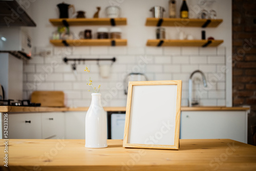 empty frame on modern kitchen table mock up space for your text