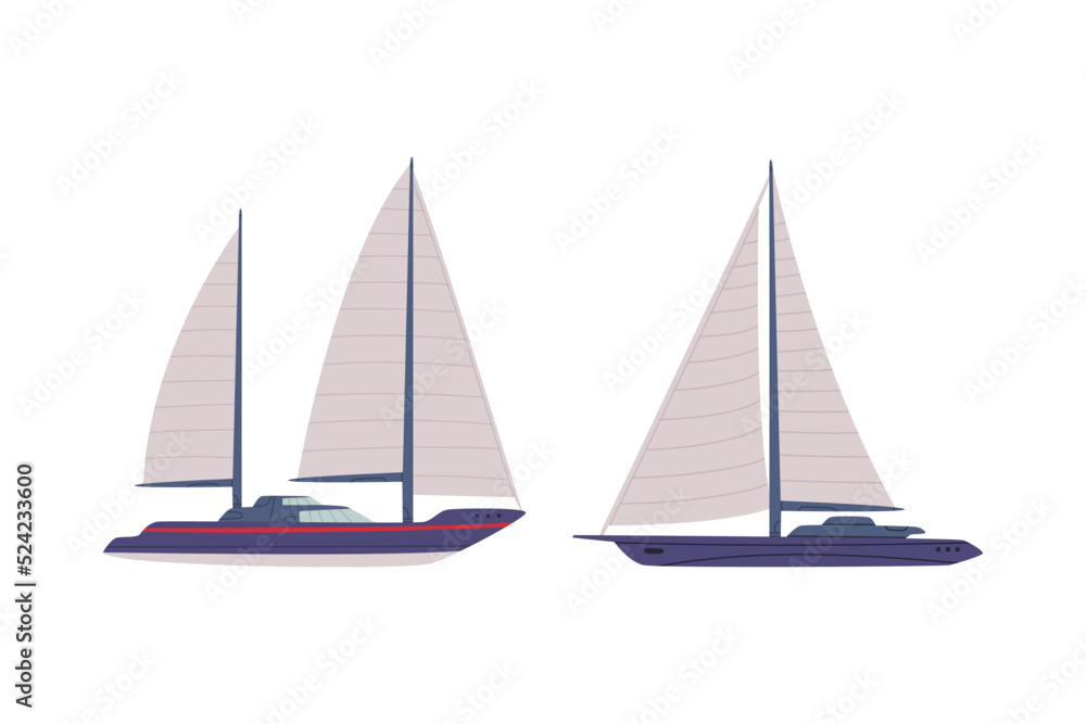 Set of water transport. Side view sailboats cartoon vector illustration