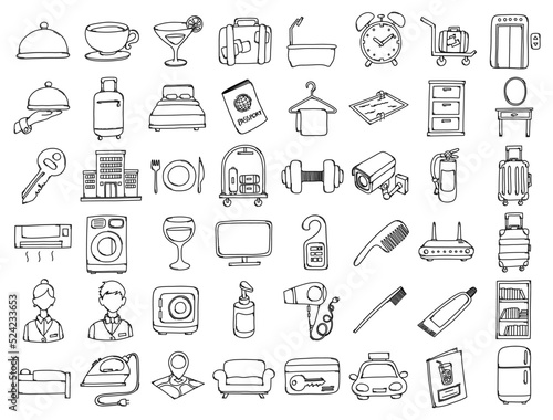 Hotel Doodle vector icon set. Drawing sketch illustration hand drawn line eps10