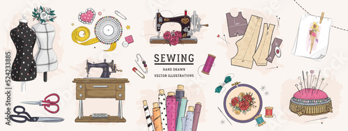 Vector hand drawn sewing retro set. Collection of highly detailed hand drawn sewing tools isolated on background photo