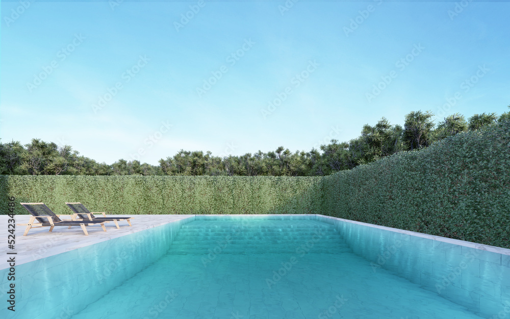 Beautiful swimming pool falling around with tall shrubbery, with daybeds on the side. natural atmosphere and have a light sun. 3D illustration