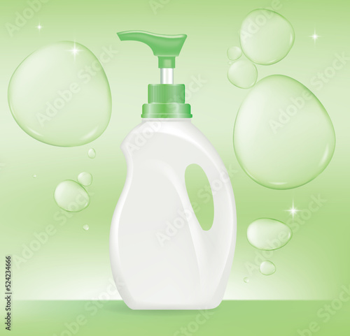 Dish wash soap ads. Realistic plastic dishwashing packaging with label design. Liquid wash soap with clean dishes and water splash. 3d vector illustration