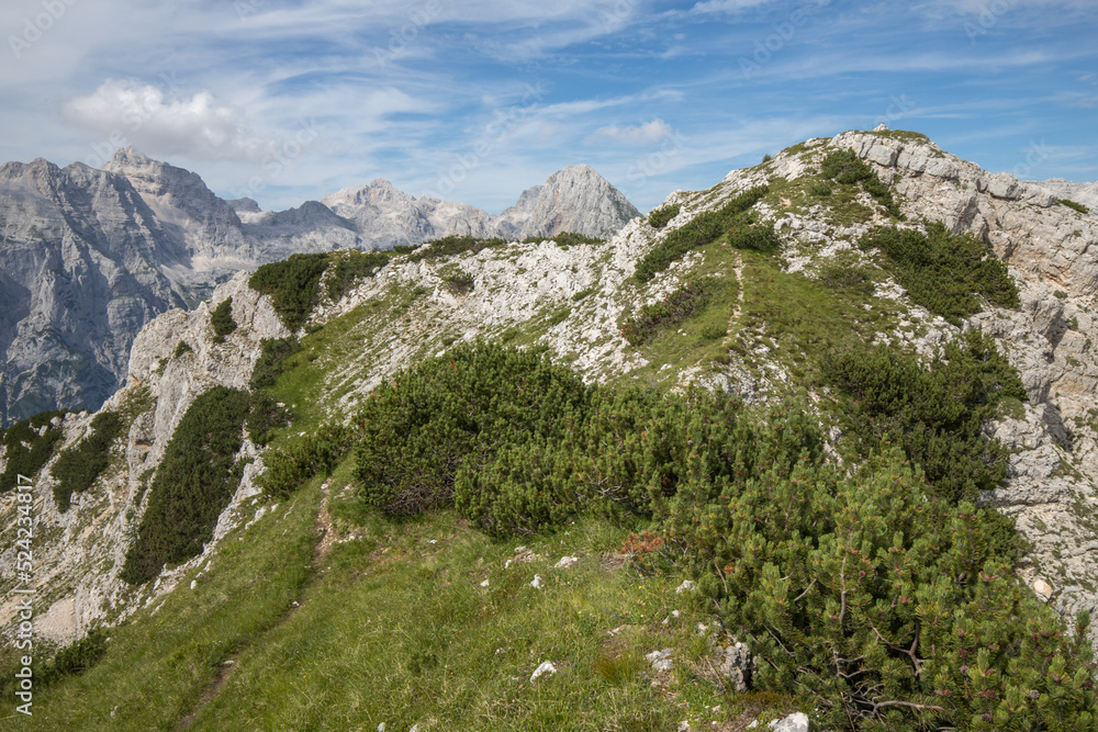 view of the highest peaks of the Julian Alps and the path below the peak of Zadnjiški Ozebnik - Triglav National Park