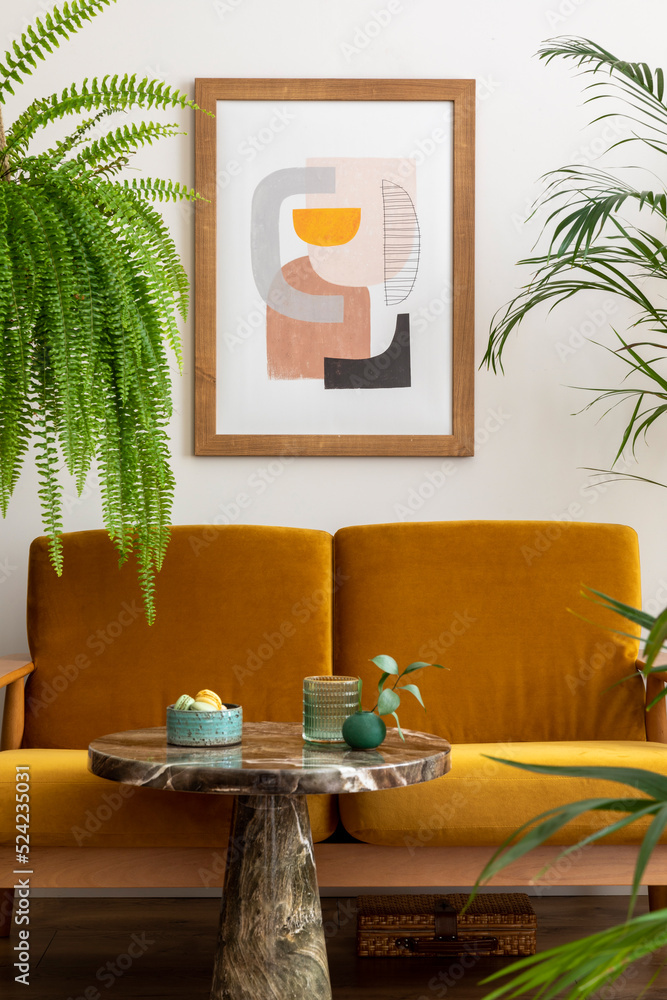 Minimalist composition of retro vintage style living room interior with yellow sofa, marble coffee table, mock up poster frame, plants, decoration elegant personal accessories. Template. Stock-foto | Stock