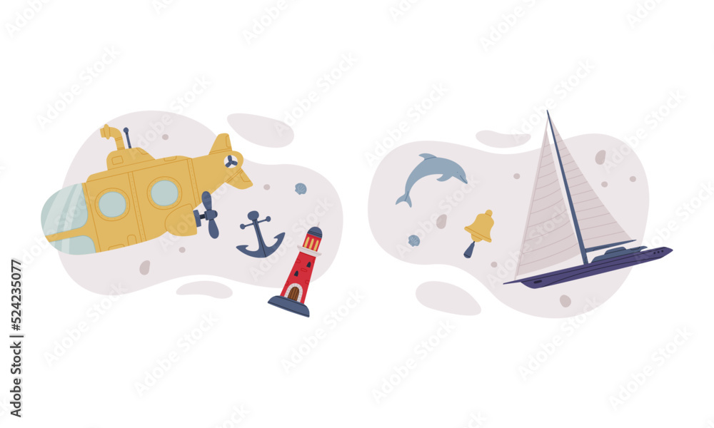 Naklejka premium Maritime transport set. Sailboat and submarine cartoon vector illustration