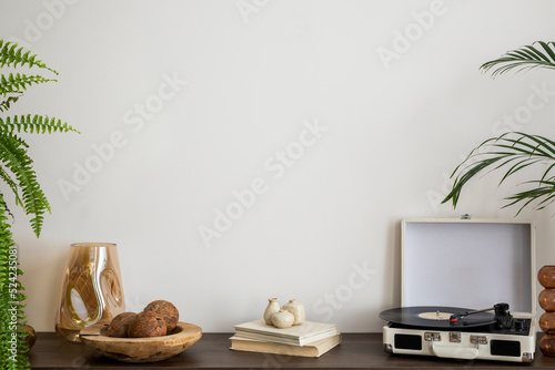 Interior design of retro vintage living room with brown commode, vinyl recorder, books, plants, nuts, decoration and elegant personal accessories. Copy space. Cozy home decor. Template. 